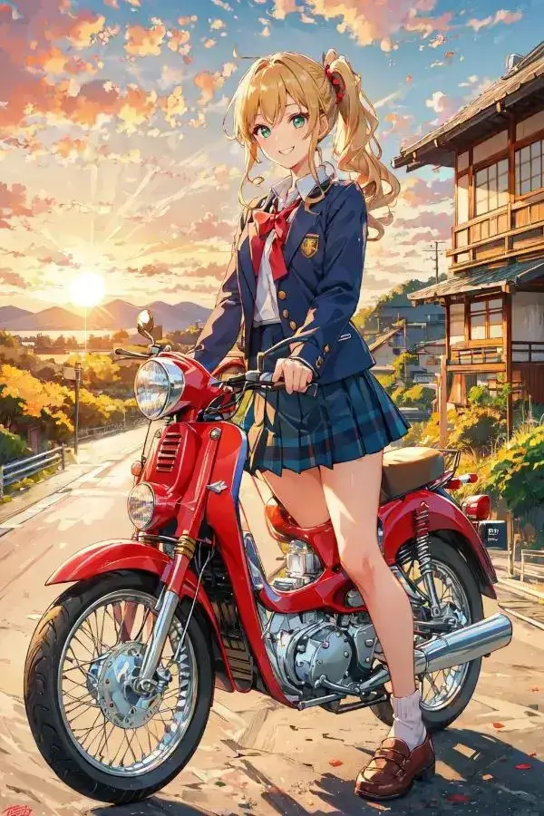 A blonde girl is riding motorcycle in countryside