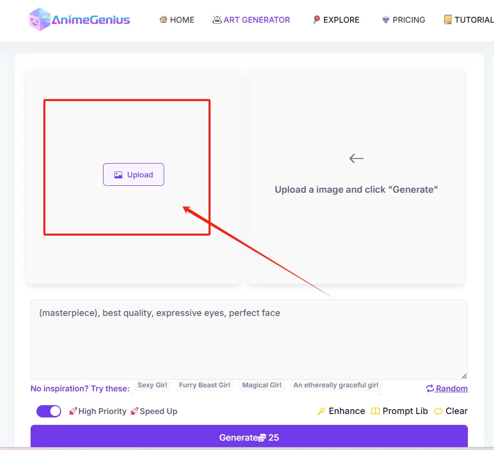 Upload image on AnimeGenius's Image to Image AI generator