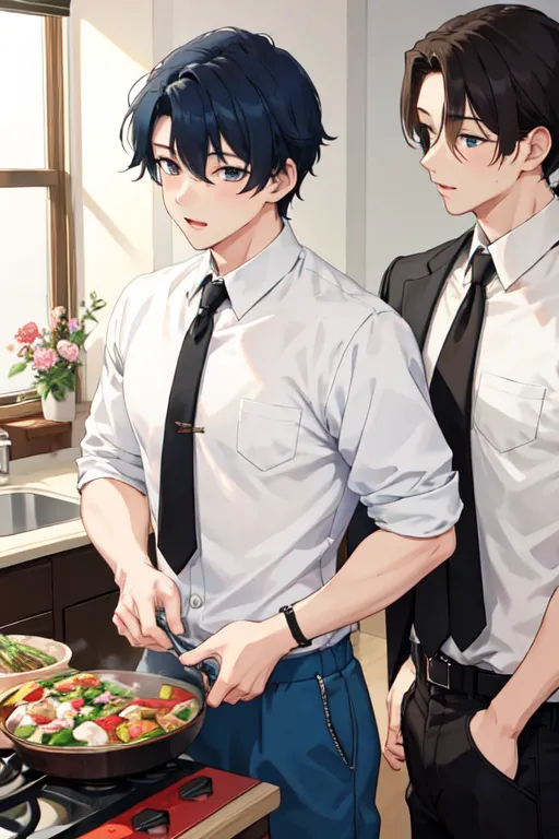 Two men are cooking together