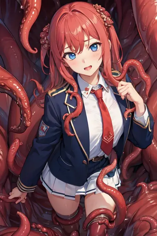 制服姿の少女が多数の触手に囲まれる