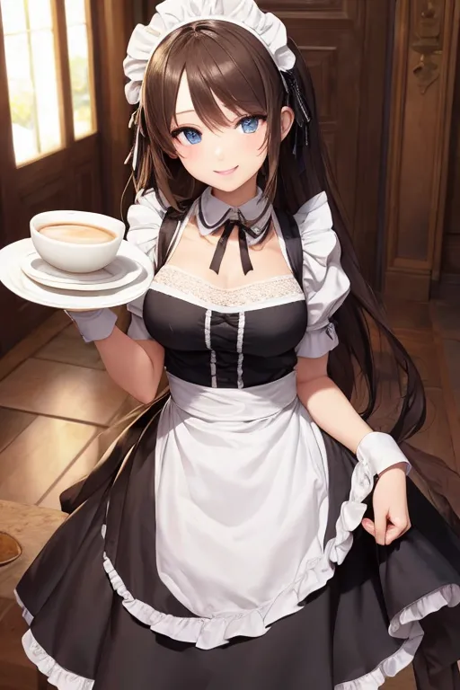 AI が生成したメイドアート: メイドがコーヒーカップを持っている