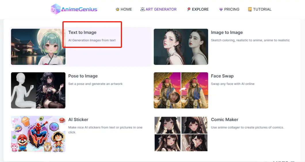 'Text to Image' feature of AnimeGenius
