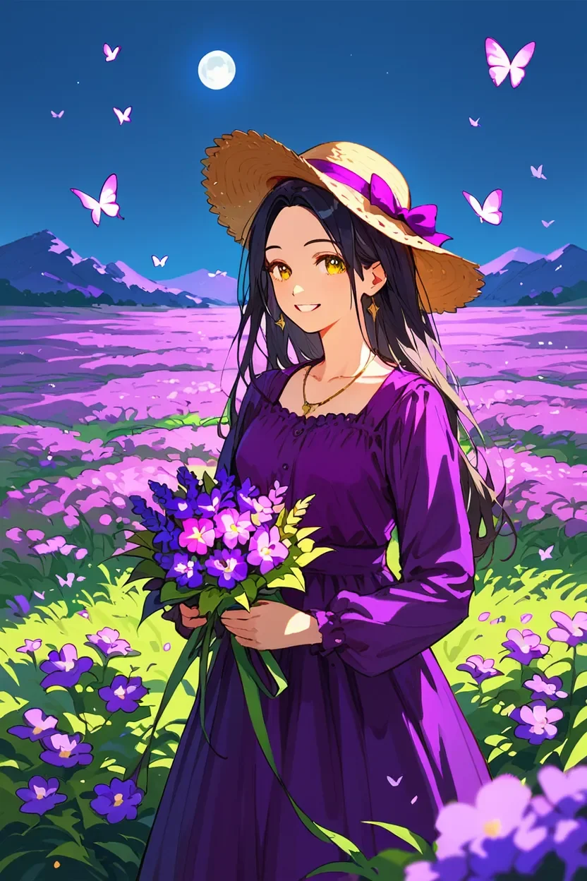 Purple dopamine girl in lavender flower field