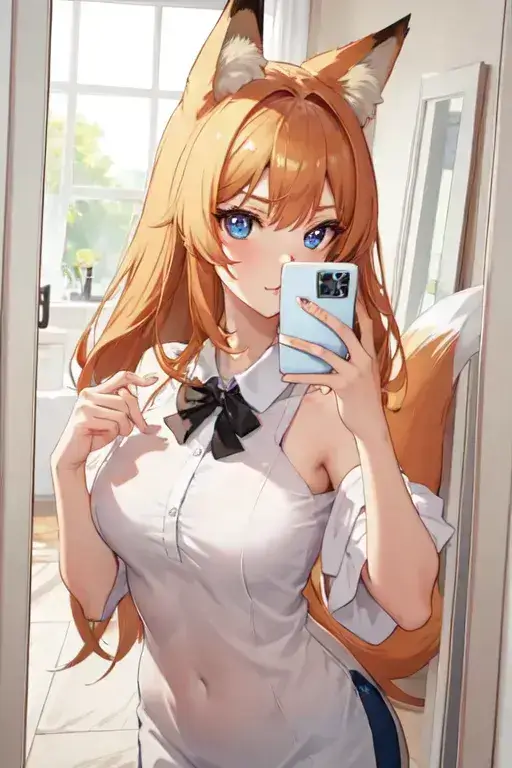 A fox girl is taking a selfie in the mirror