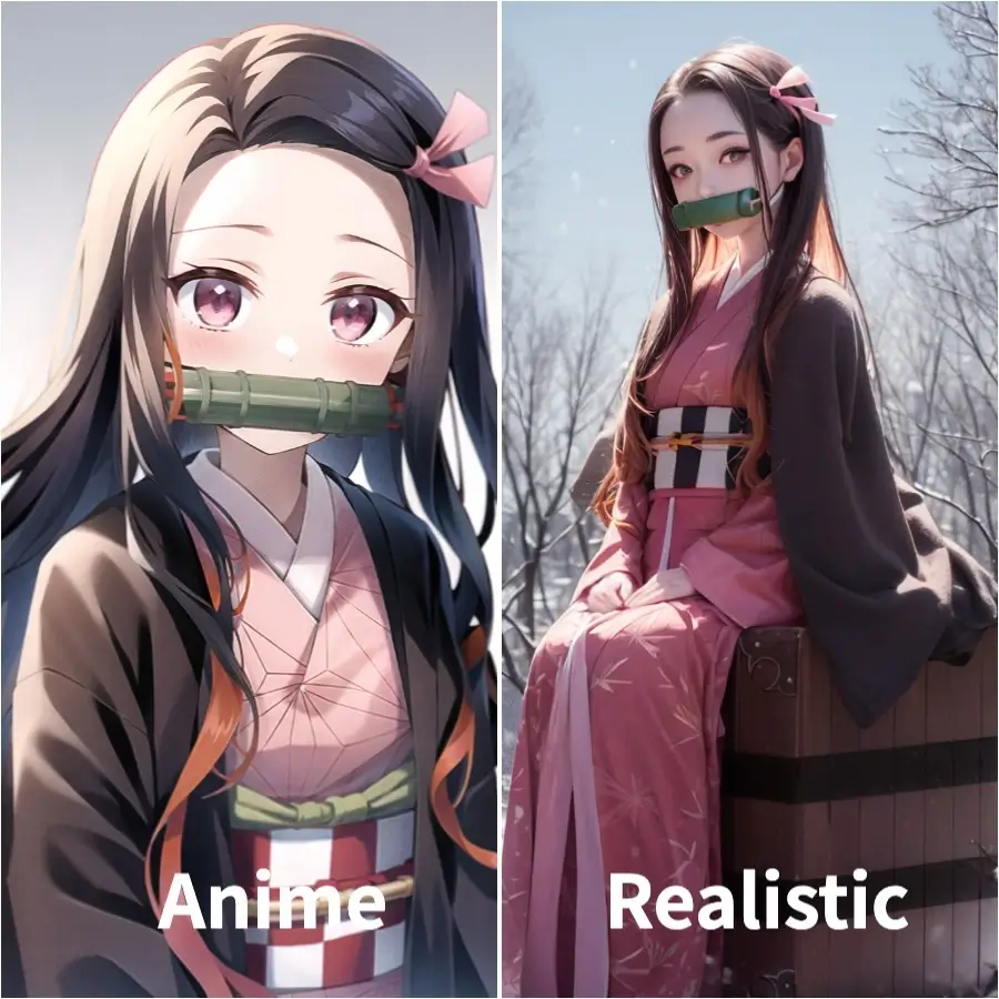 アニメ風およびリアル風の禰豆子のAIアート