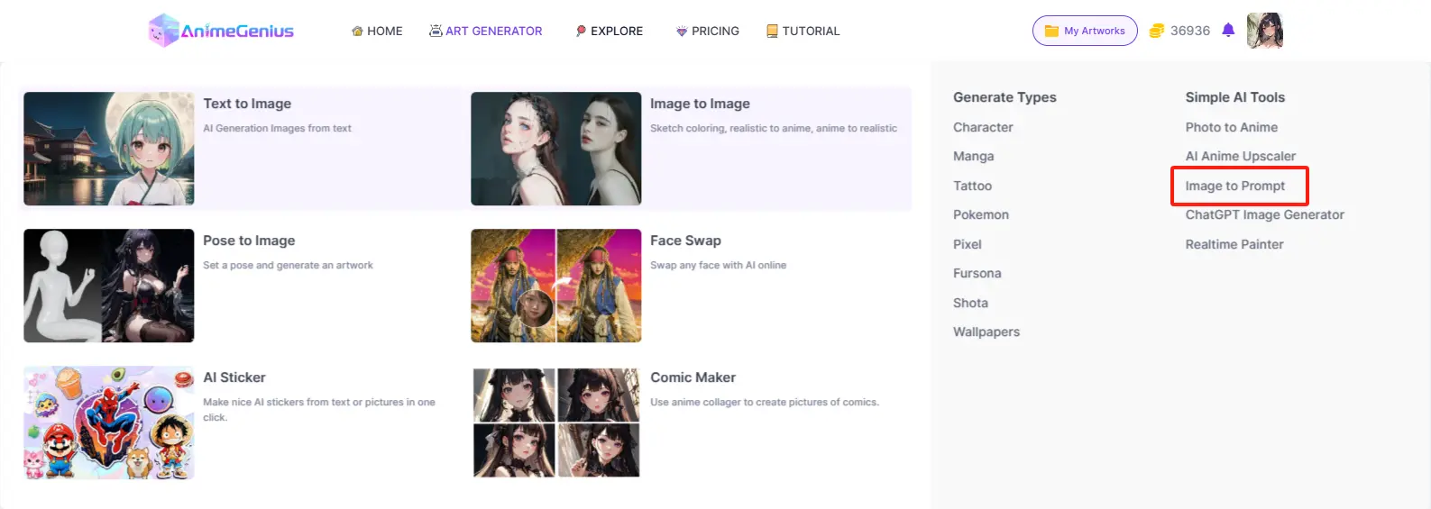 Image to Pompt feature of AnimeGenius