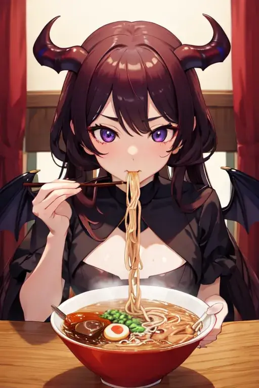 a cute succubus is eating noodles