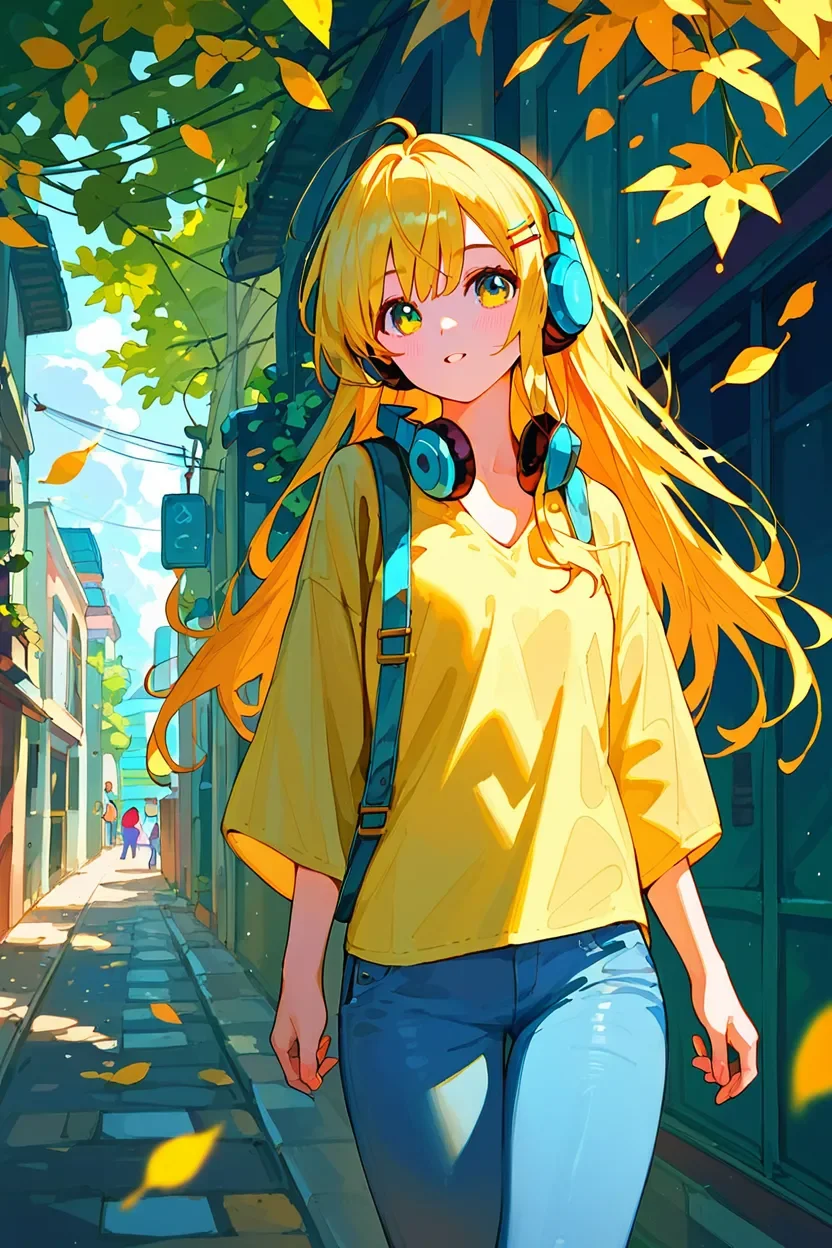 Yellow dopamine girl walking on the street