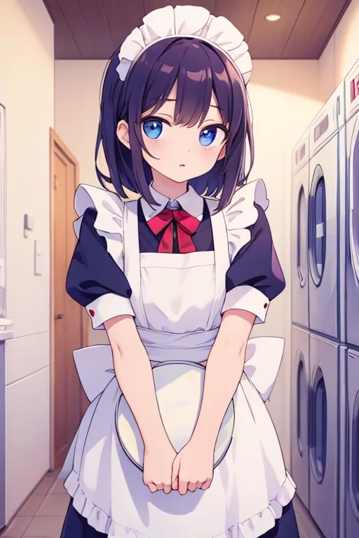 AIメイドアート：洗濯室にいる恥ずかしそうな表情のメイドさん