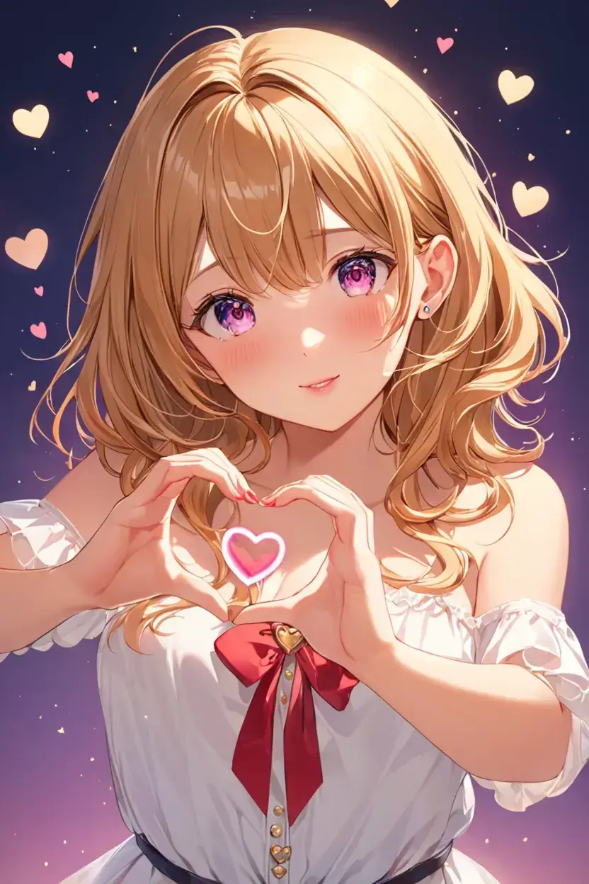 ハートの手のポーズをするアニメの女の子