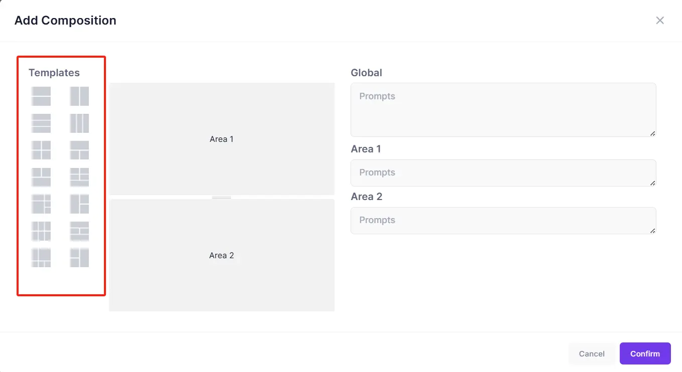 The interface of Composition for choosing templates