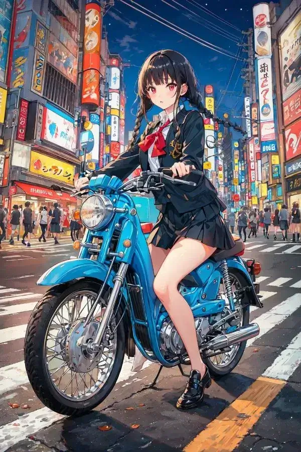 A school girl is riding motorcycle in street