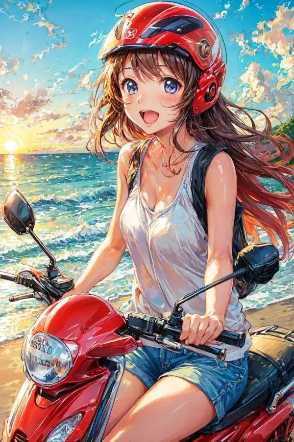 A cute girl rides a motorcycle on the beach