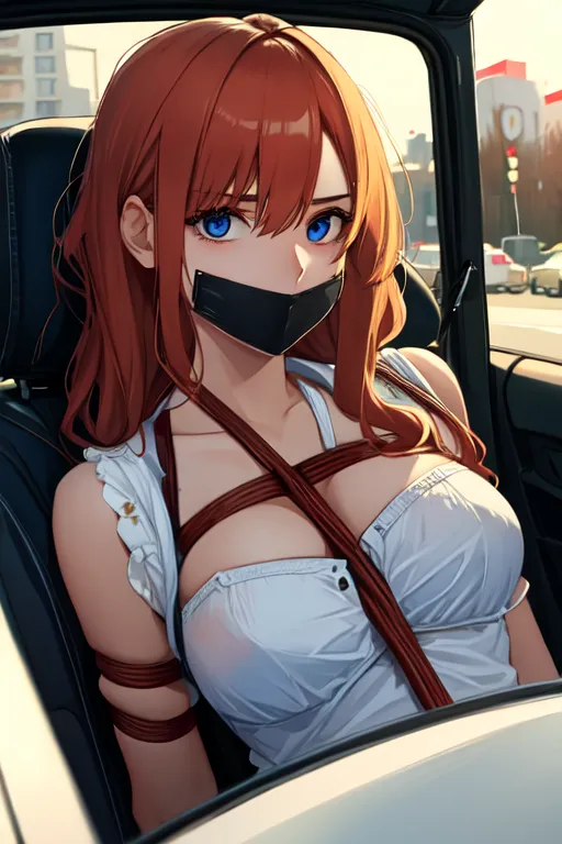 AI bondage art: a tied girl in car