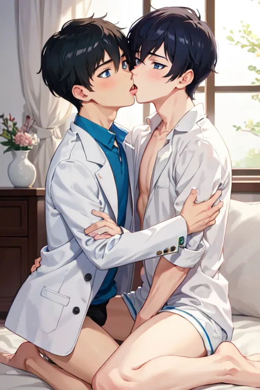 Two young boys are kissing each other
