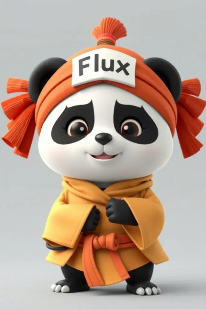 3D Kung Fu Panda wearing a headband with the lettering 'Flux'