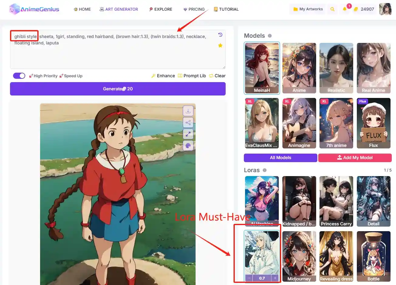 Text to image interface on AnimeGenius
