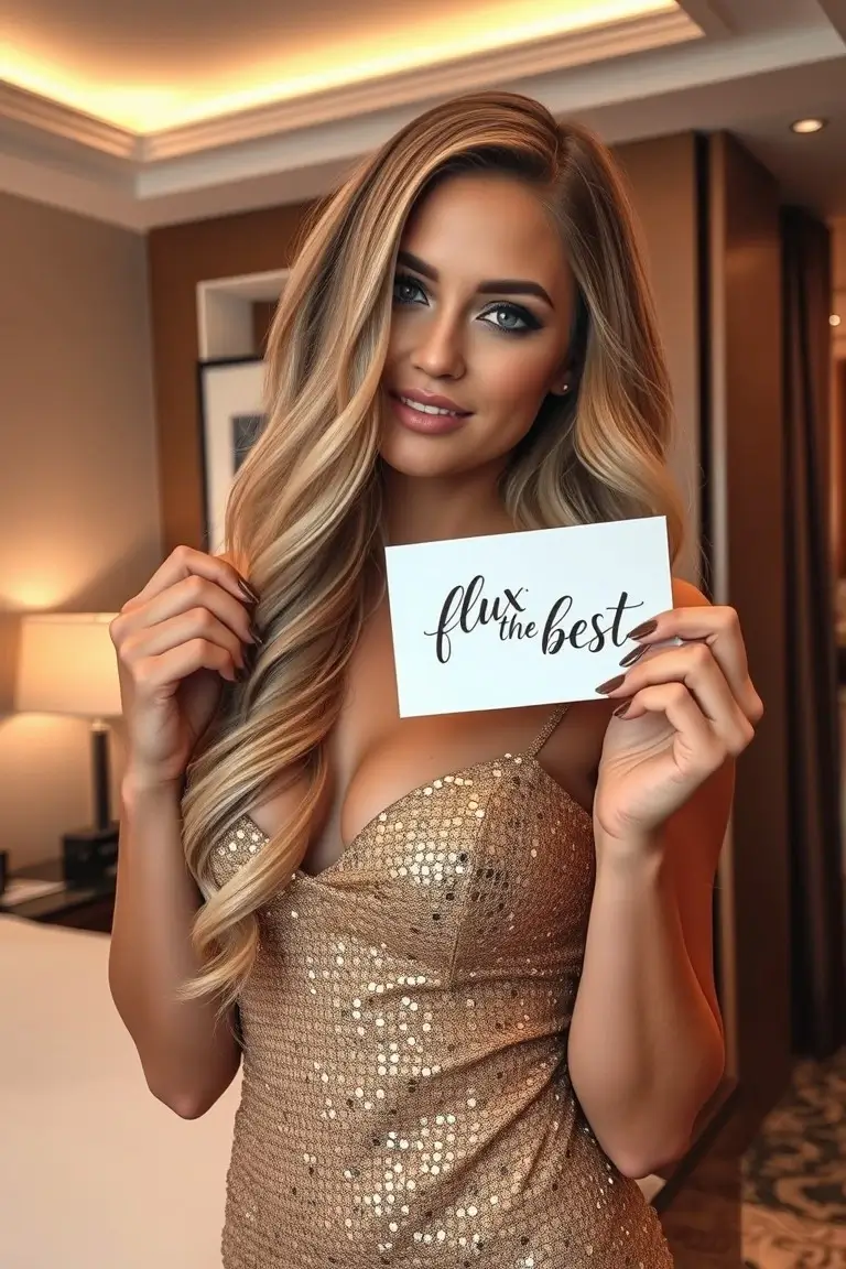 A blonde girl holds a small card with the words 'flux the best' written on it and smiles at the camera.
